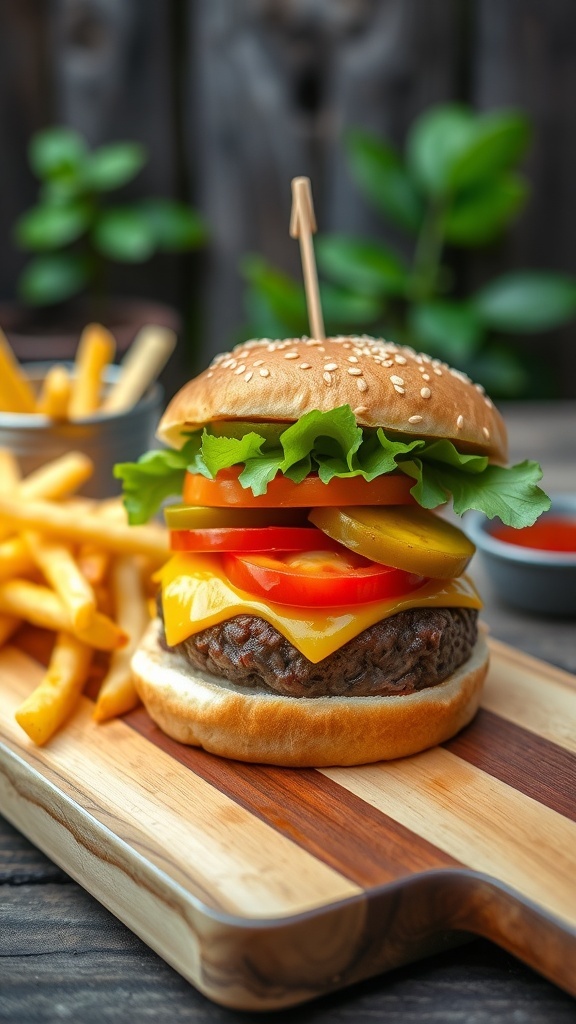A gourmet hamburger with cheese, lettuce, tomato, and pickles on a toasted bun, served with fries and ketchup.